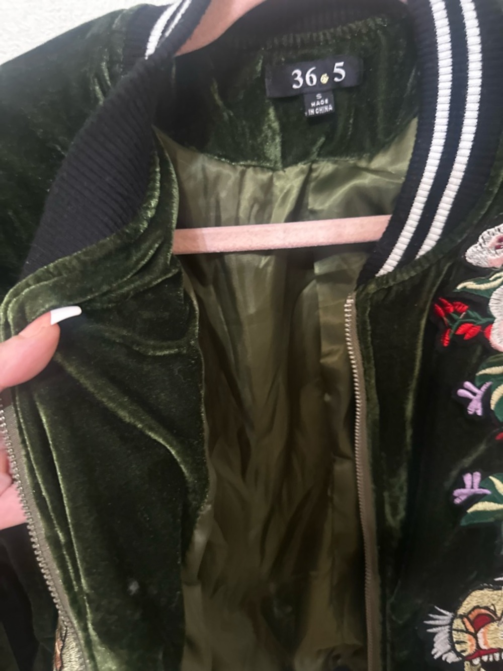 Embroidered Velvet Bomber Jacket - Olive Green Vintage Y2K - Picture 5 of 10